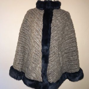 Maria Sole Italy Tan Blue Faux Fur Poncho